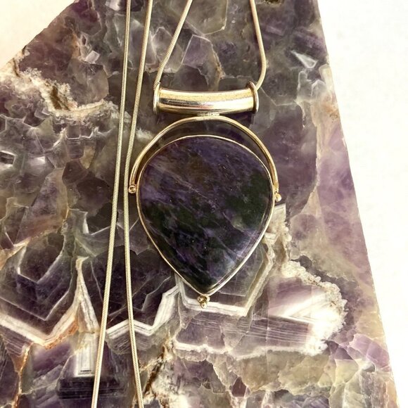 Sterling Silver 925 Teardrop Bezel Set Purple Charoite Pendant Necklace 20" - Picture 12 of 16